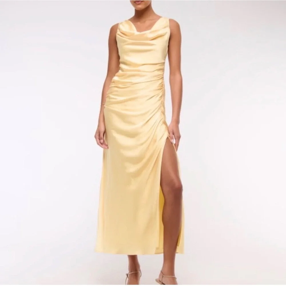 NWT Abercrombie & Fitch Cowl Neck Draped Maxi Dress Satin Sunny Yellow MP Petite